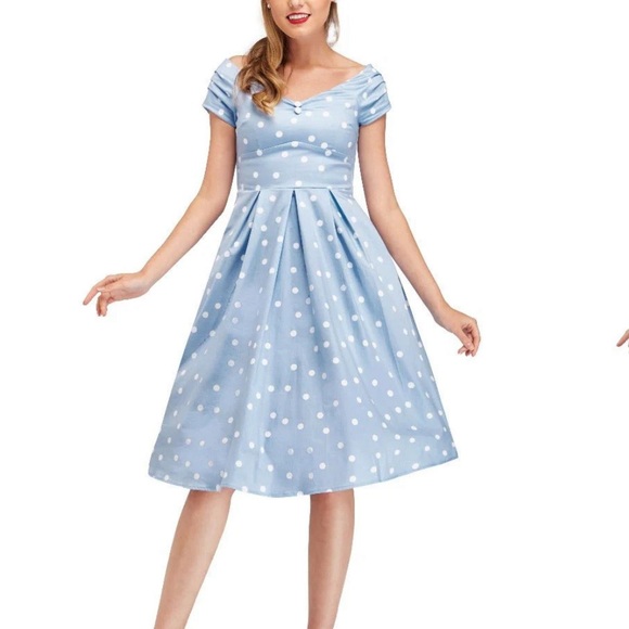 Dolly and Dotty Lily off the shoulder polka dot dress in baby blue & white - Picture 4 of 4